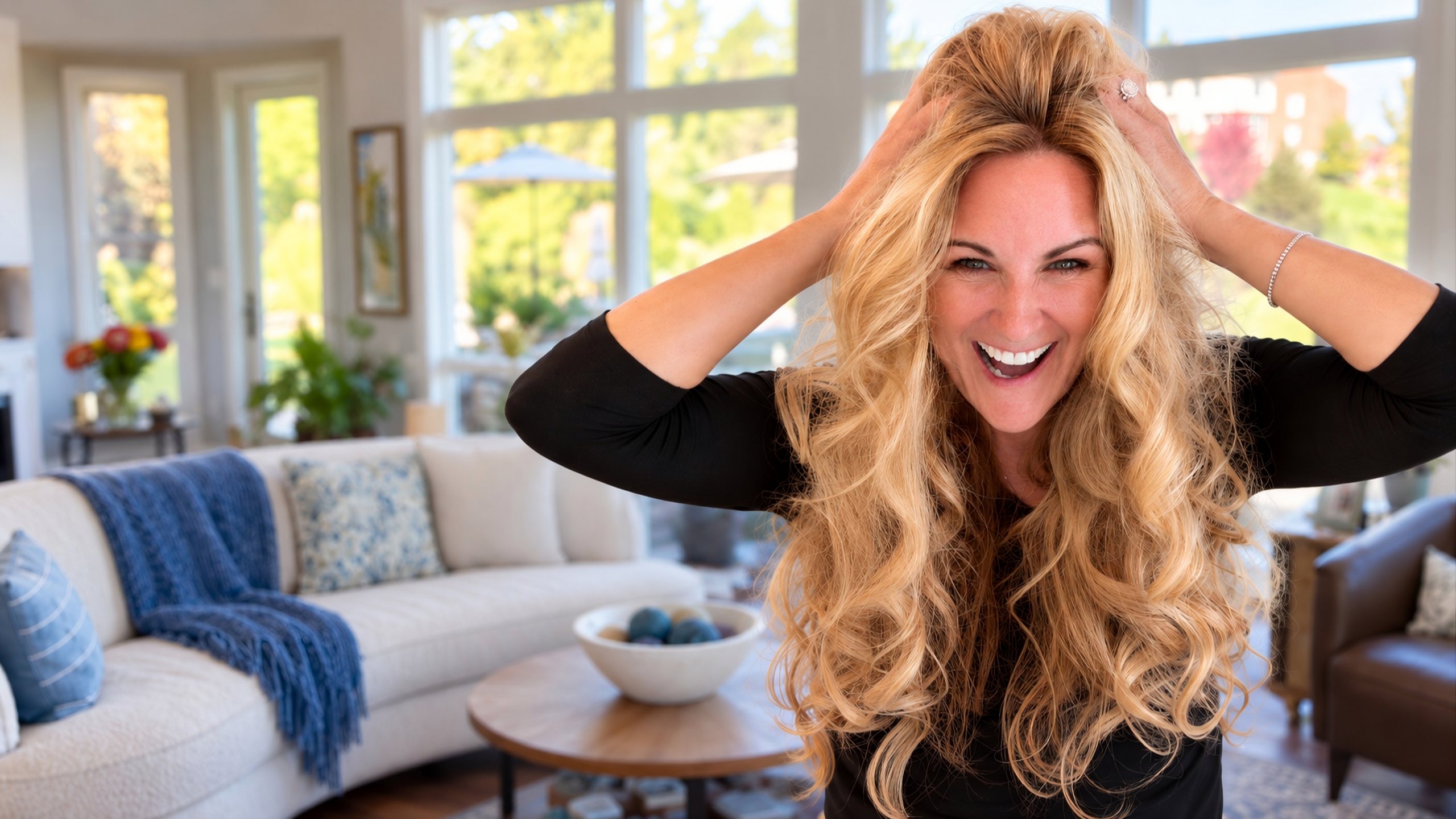 Robynn Anton Berry, UGC creator over 40, laughing in her living room